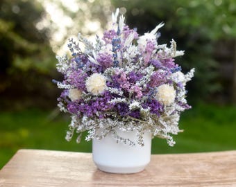 Lilac & Ivory Forever Dried Flower Arrangement | Mother's Day Gift with Lilac Baby's Breath, Bleached Oats and German Statice