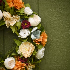 Fall silk wreath, Orange and burgundy front door wreath, outdoor wreath, fall wedding wreath, Halloween wreath, Orange hydrangea wreath, image 8