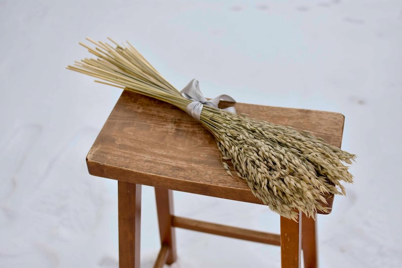 Dried oat bundle tied with a gray satin ribbon.