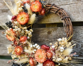 The Mini Rustic Prairie Wreath - Apricot and Cream Dried Flowers on Grapevine