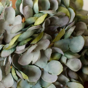 May include: Close-up of a bouquet of artificial hydrangea flowers. The petals are a mix of muted blue-green and gray, with hints of yellow-green. The arrangement is dense and full, suggesting a floral centerpiece or decorative element.