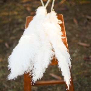 May include: A collection of fluffy, white pampas grass plumes rests on a small, wooden stool. The plumes have a soft, feathery texture and are arranged to cascade over the stool's edge. The stool is brown and has a simple design.