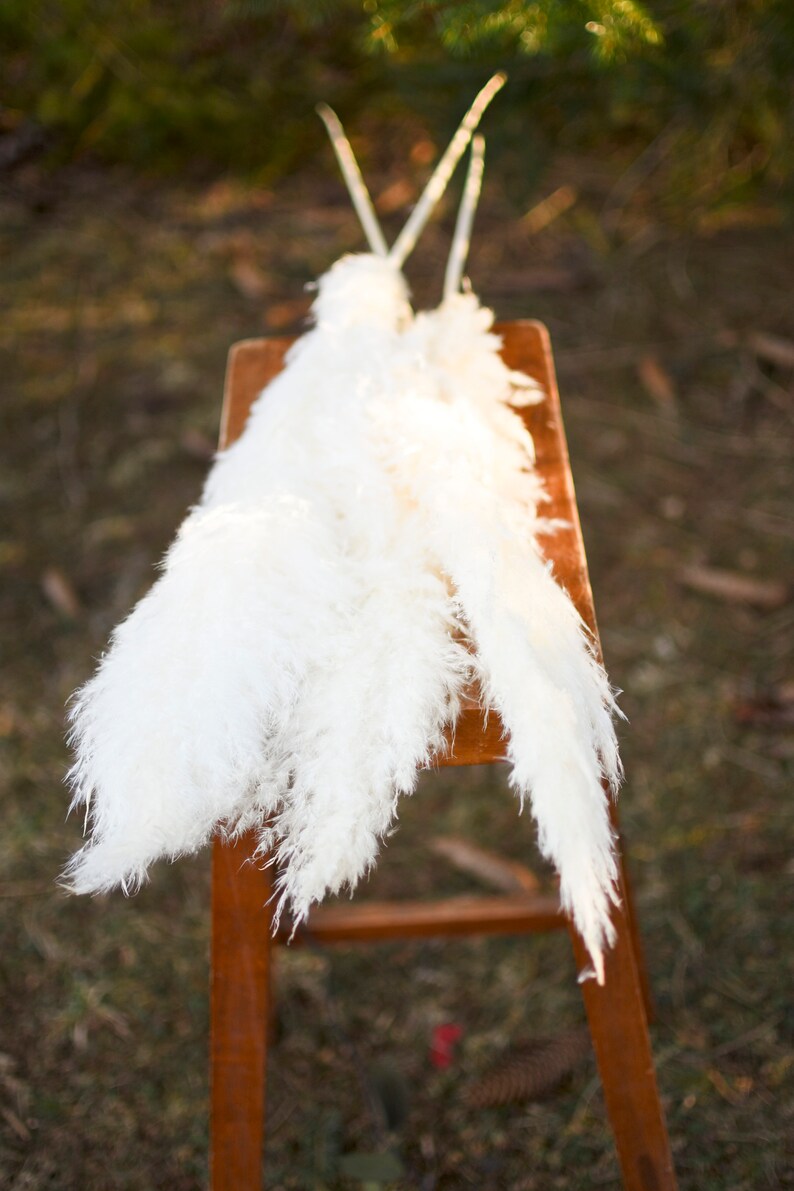 May include: A collection of fluffy, white pampas grass plumes rests on a small, wooden stool. The plumes have a soft, feathery texture and are arranged to cascade over the stool's edge. The stool is brown and has a simple design.
