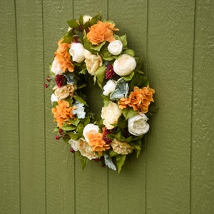 Fall silk wreath, Orange and burgundy front door wreath, outdoor wreath, fall wedding wreath, Halloween wreath, Orange hydrangea wreath, image 4