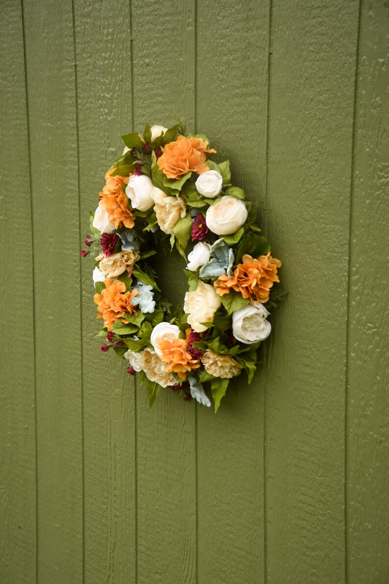 Fall silk wreath, Orange and burgundy front door wreath, outdoor wreath, fall wedding wreath, Halloween wreath, Orange hydrangea wreath, image 4