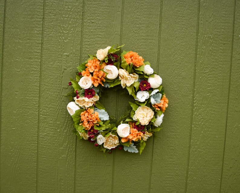 Fall silk wreath, Orange and burgundy front door wreath, outdoor wreath, fall wedding wreath, Halloween wreath, Orange hydrangea wreath, image 7