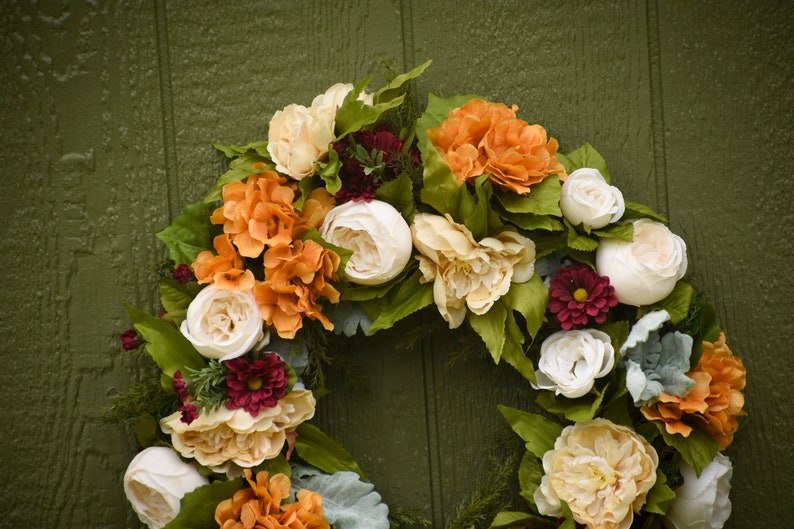 Fall silk wreath, Orange and burgundy front door wreath, outdoor wreath, fall wedding wreath, Halloween wreath, Orange hydrangea wreath, image 5