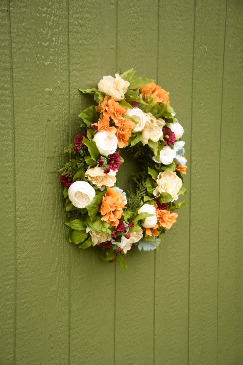 Fall silk wreath, Orange and burgundy front door wreath, outdoor wreath, fall wedding wreath, Halloween wreath, Orange hydrangea wreath, image 3