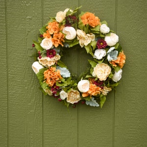 Fall silk wreath, Orange and burgundy front door wreath, outdoor wreath, fall wedding wreath, Halloween wreath, Orange hydrangea wreath, image 2