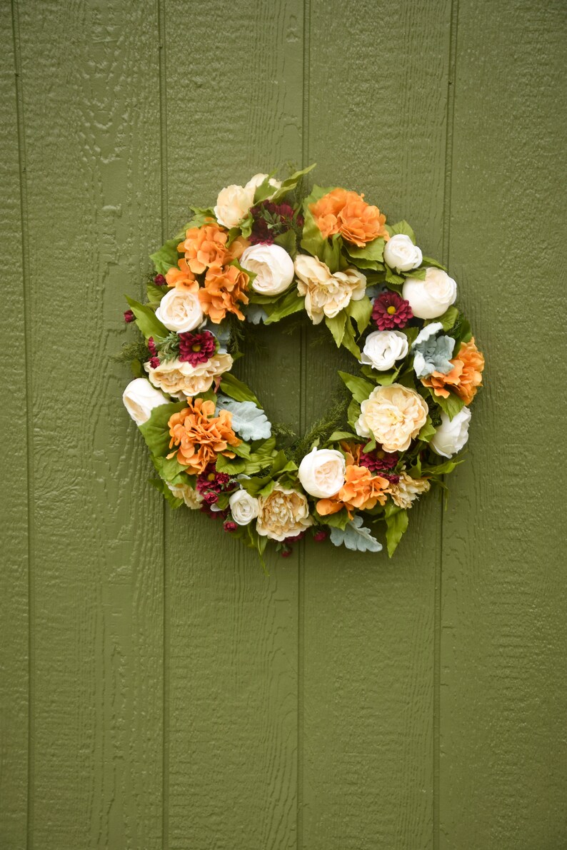 Fall silk wreath, Orange and burgundy front door wreath, outdoor wreath, fall wedding wreath, Halloween wreath, Orange hydrangea wreath, image 2