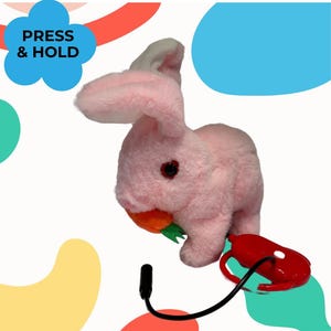 Può includere: Un giocattolo a forma di coniglietto di peluche rosa con una carota in bocca. Il giocattolo ha un telecomando rosso collegato da un cavo nero. Il testo "PRESS & HOLD" è in una nuvola blu.