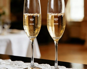 Personligt champagneglas med namn och datum, anpassat bröllopsglas för skålning, graverat glaspresent till brud, brudgum, årsdag, förlovning
