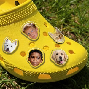 May include: A yellow clog shoe decorated with five charms. The charms depict a young boy, a young girl, a white dog, a golden retriever, and a cat. The shoe is positioned on a bed of green grass, creating a vibrant contrast.