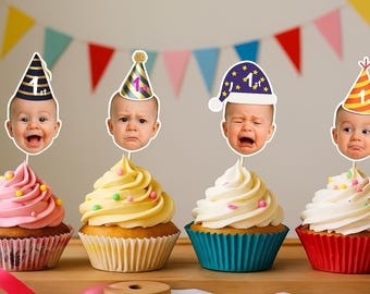 顔が描かれたカスタムカップケーキトッパー 1歳の誕生日プレゼント 誕生日デコレーション 1歳の誕生日プレゼント 節目の誕生日