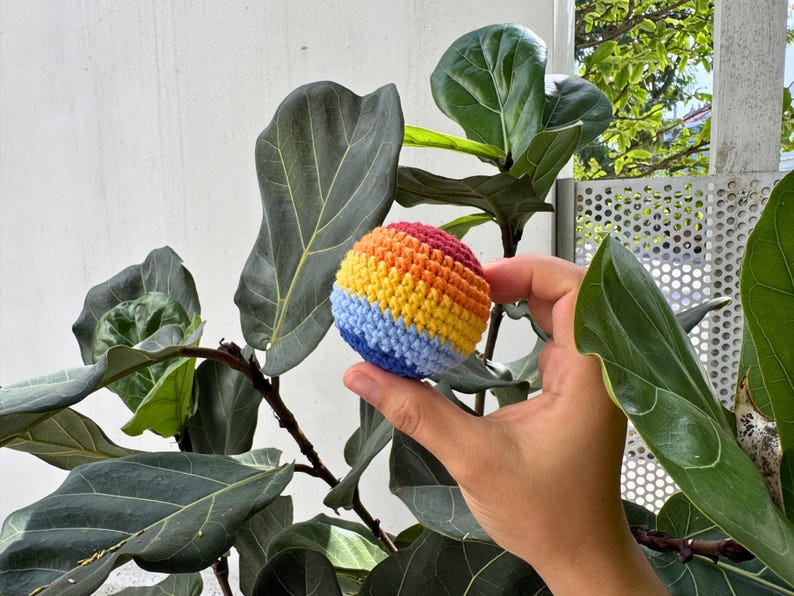 K&ouml;nnte beinhalten: Ein kleiner, runder, geh&auml;kelter Ball mit Regenbogenfarben. Der Ball hat B&auml;nder in Blau, Gelb, Orange und Rot. Der Ball wird vor einer gro&szlig;bl&auml;ttrigen Pflanze gehalten.