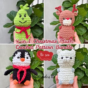 May include: A 4-in-1 Christmas plush crochet pattern bundle featuring four handmade stuffed toys: a green character with a red scarf, a brown reindeer, a black and white penguin with a red scarf, and a white bear. Text reads 4-in-1 Christmas Plush Crochet Pattern Bundle and No sew.
