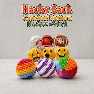 Hacky Sack かぎ針編みパターンバンドル 9 in 1 あみぐるみデザイン PDF、初心者向けストレスボール