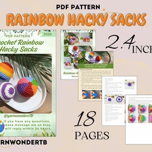 K&ouml;nnte beinhalten: Ein PDF-Muster f&uuml;r geh&auml;kelte Regenbogen-Hacky-S&auml;cke. Das Bild zeigt drei farbenfrohe Hacky-S&auml;cke, ein Mustercover und mehrere Anleitungsseiten. Die Hacky-S&auml;cke haben einen Durchmesser von ca. 6,1 cm. Das Muster umfasst 18 Seiten.