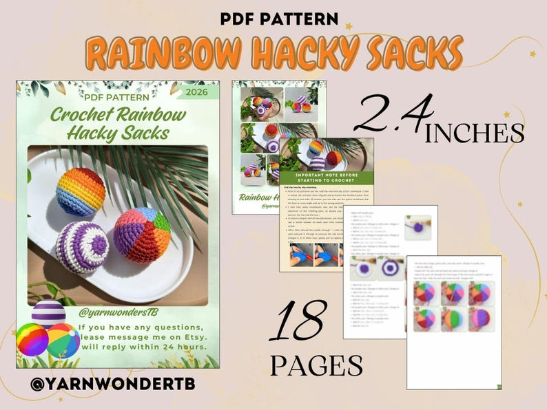 K&ouml;nnte beinhalten: Ein PDF-Muster f&uuml;r geh&auml;kelte Regenbogen-Hacky-S&auml;cke. Das Bild zeigt drei farbenfrohe Hacky-S&auml;cke, ein Mustercover und mehrere Anleitungsseiten. Die Hacky-S&auml;cke haben einen Durchmesser von ca. 6,1 cm. Das Muster umfasst 18 Seiten.
