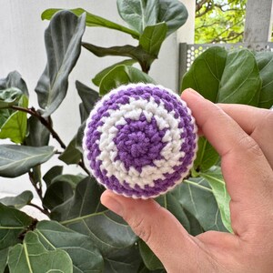 K&ouml;nnte beinhalten: Ein geh&auml;kelter Ball mit einem Spiralmuster in Lila und Wei&szlig;. Die handgefertigte Kugel wird vor einer gr&uuml;nen, belaubten Pflanze gehalten. Der Ball hat einen Durchmesser von etwa 6,35 cm.