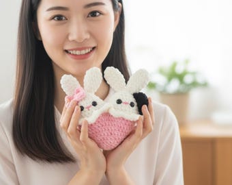 ハートバニーのかぎ針編みパターン、バレンタインデーギフト、英語
