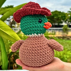 Pu&ograve; includere: Un giocattolo di anatra all'uncinetto fatto a mano con un cappello rosso, testa verde, becco arancione e corpo marrone. L'anatra ha un colletto bianco e occhi neri. Il giocattolo &egrave; tenuto in mano da una persona.