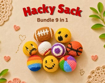 Könnte beinhalten: Ein Set aus neun bunten, gehäkelten Hacky Sacks. Das Set enthält einen Football, Baseball, Basketball, Smileys und andere gemusterte Bälle. Der Text "Hacky Sack Bundle 9 in 1" ist rot dargestellt. Die Artikel sind auf einer beigen Oberfläche angeordnet.