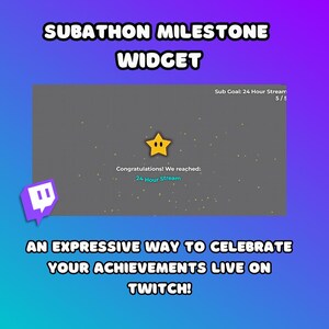 May include: A grey Twitch stream overlay with a yellow star and the text "Congratulations! We reached: 24 Hour Stream". The overlay also includes the text "Sub Goal: 24 Hour Stream 5/5".