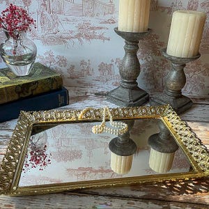 Vintage Rectangle Gold Mirrored Vanity Tray - Gold Filigree Tray, Perfume Tray, Ornate Gold Tray, Hollywood Regency Decor