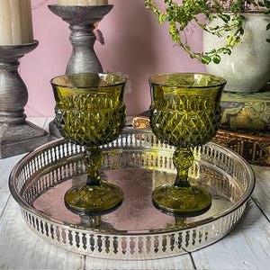 Pair of Vintage Indiana Glass Co. Green Diamond Point Goblets -Wine Glass- Water Glass