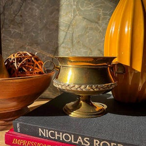 Vintage Small Pedestal Brass Bowl with Rope Design - Brass Planter with Decorative Handles, Brass Spittoon