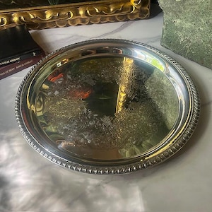 Vintage WM Rogers #171 Silver Plated Round Tray - Etched Tray, Serving Tray, Bar Cart Tray, Ornate Tray, Rope Edging