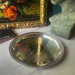 Vintage WM Rogers #171 Silver Plated Round Tray - Etched Tray, Serving Tray, Bar Cart Tray, Ornate Tray, Rope Edging