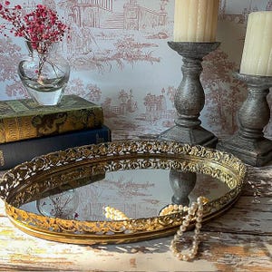 Vintage Oval Gold Mirrored Vanity Tray - Gold Filigree Tray, Perfume Tray, Ornate Gold Tray, Hollywood Regency Decor