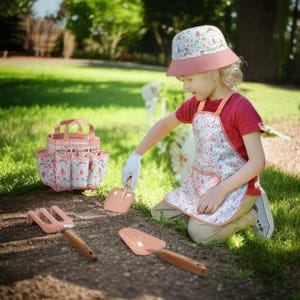 Kids Pink Gardening Tool Set – 9 PCS Toddler Garden Kit with Hat, Apron, Gloves, Shovels, Rake, Watering Can & Tool Bag – Girls Ages 3-7