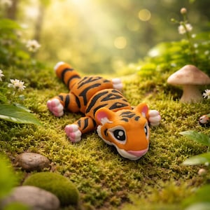 Könnte beinhalten: Eine kleine, orange und schwarze Spielzeugtigerfigur liegt auf grünem Moos. Der Tiger hat rosa Akzente an Pfoten und Ohren. Der Hintergrund zeigt eine verschwommene Waldszene mit Sonnenlicht und einem Pilz.