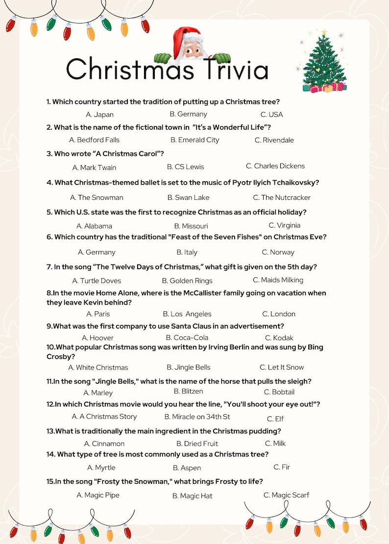 Christmas Trivia Questions Answers Printable PDF Fun Holiday Game