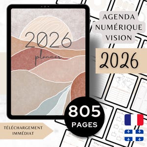Peut inclure: Un agenda numérique pour 2026 sur une tablette, avec un design de paysage aux tons neutres. La couverture affiche "2026 planner" et le nombre de pages, 805. Le texte supplémentaire comprend "Agenda Numérique Vision" et "Téléchargement Immédiat".