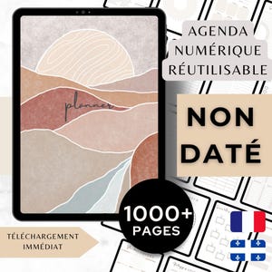 Peut inclure: Une tablette numérique affichant un agenda avec une illustration de paysage abstrait dans des tons beige, terre cuite et bleu. L'écran affiche le mot planner. Les textes incluent AGENDA NUMÉRIQUE RÉUTILISABLE, NON DATÉ et 1000+ PAGES.