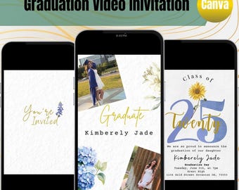 May include: Three smartphones displaying graduation invitations. The first phone shows "You're Invited" in gold script with a floral accent. The second phone says "Graduate Kimberely Jade" with photos and floral accents. The third phone says "Class of Twenty" with a sunflower and event details.