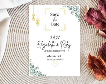 May include: Save the date card with gold and green accents. The card features the text "Save the Date", "3.4.27", "Elizabeth & Riley", "are getting married", "Austin, TX", and "Invitation to follow".