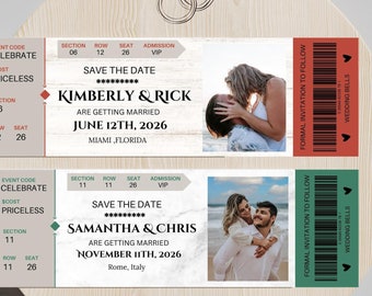 May include: Two wedding invitation tickets with photos of couples. The top ticket is red and features the names Kimberly & Rick, with the date June 12th, 2026, and Miami, Florida. The bottom ticket is green and features Samantha & Chris, with the date November 11th, 2026, and Rome, Italy.