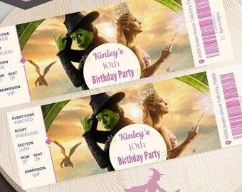 May include: Two printable ticket invitations for a 10th birthday party. The tickets feature a photo of the Wicked Witch of the West and Glinda the Good Witch from the movie Wicked. The text on the tickets reads "Kinley's 10th Birthday Party".