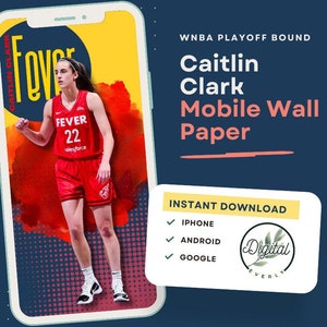 Puede incluir: Un fondo de pantalla m&oacute;vil digital con Caitlin Clark, una jugadora de baloncesto del Indiana Fever de la WNBA, que lleva una camiseta roja con el n&uacute;mero 22 y la palabra "FEVER" en ella. El fondo es un dise&ntilde;o de acuarela amarillo y rojo. Tambi&eacute;n se puede ver el texto "WNBA PLAYOFF BOUND" y "INSTANT DOWNLOAD".