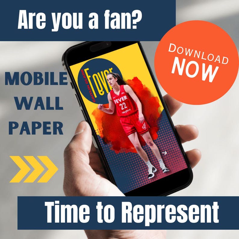 Puede incluir: Un tel&eacute;fono m&oacute;vil que muestra a una jugadora de baloncesto con una camiseta roja con el n&uacute;mero 22 y la palabra "Fever" en ella. El tel&eacute;fono est&aacute; en una mano con el texto "Descargar ahora" y "Tiempo de representar" en la pantalla.