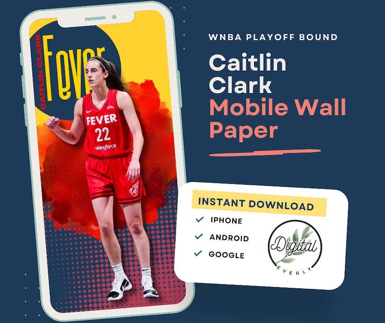 Puede incluir: Un fondo de pantalla m&oacute;vil digital con Caitlin Clark, una jugadora de baloncesto del Indiana Fever de la WNBA, que lleva una camiseta roja con el n&uacute;mero 22 y la palabra "FEVER" en ella. El fondo es un dise&ntilde;o de acuarela amarillo y rojo. Tambi&eacute;n se puede ver el texto "WNBA PLAYOFF BOUND" y "INSTANT DOWNLOAD".