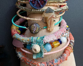 Textile bangle stack, boho bracelet set