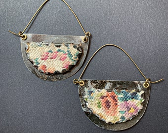 Needlepoint and tin earrings. Vintage upcycled hoops.