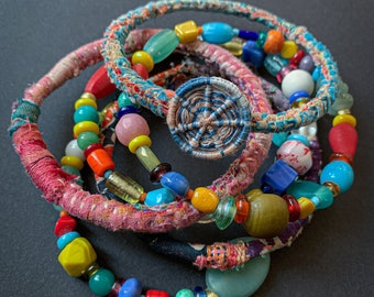 Textile bangle stack, boho bracelet set