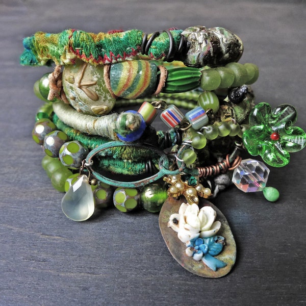 Rustic bangle stack in apple green. Beaded stitched textile bohemian bracelet set "A Midsummer Stroll"